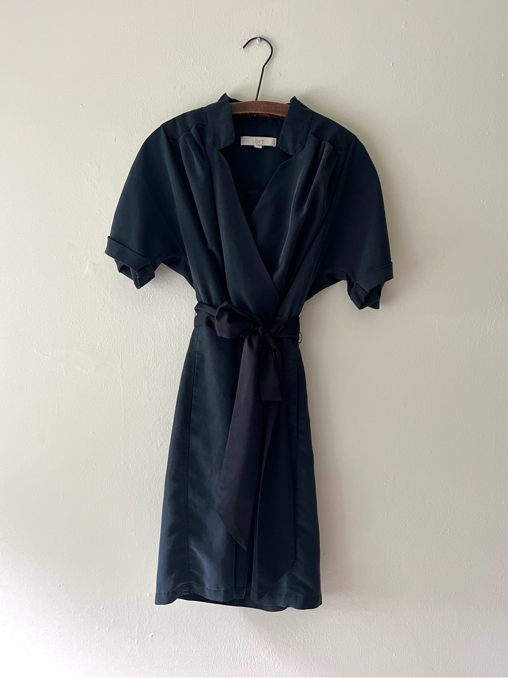 Buttery Soft Pleated Deep Muted Blue Wrap Dress with Tie Waist - Picture 14 of 15